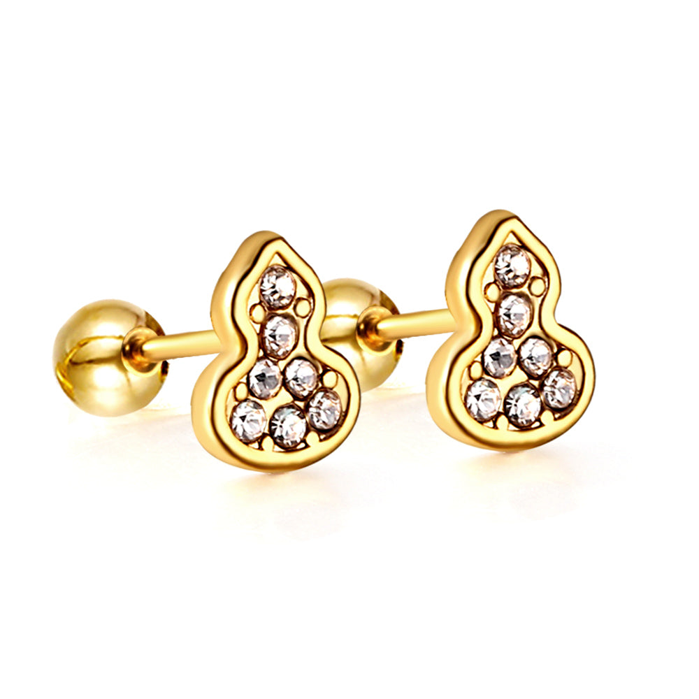 Gold coloured steel ball screw-in gourd with white diamonds stud earrings asonjewelry
