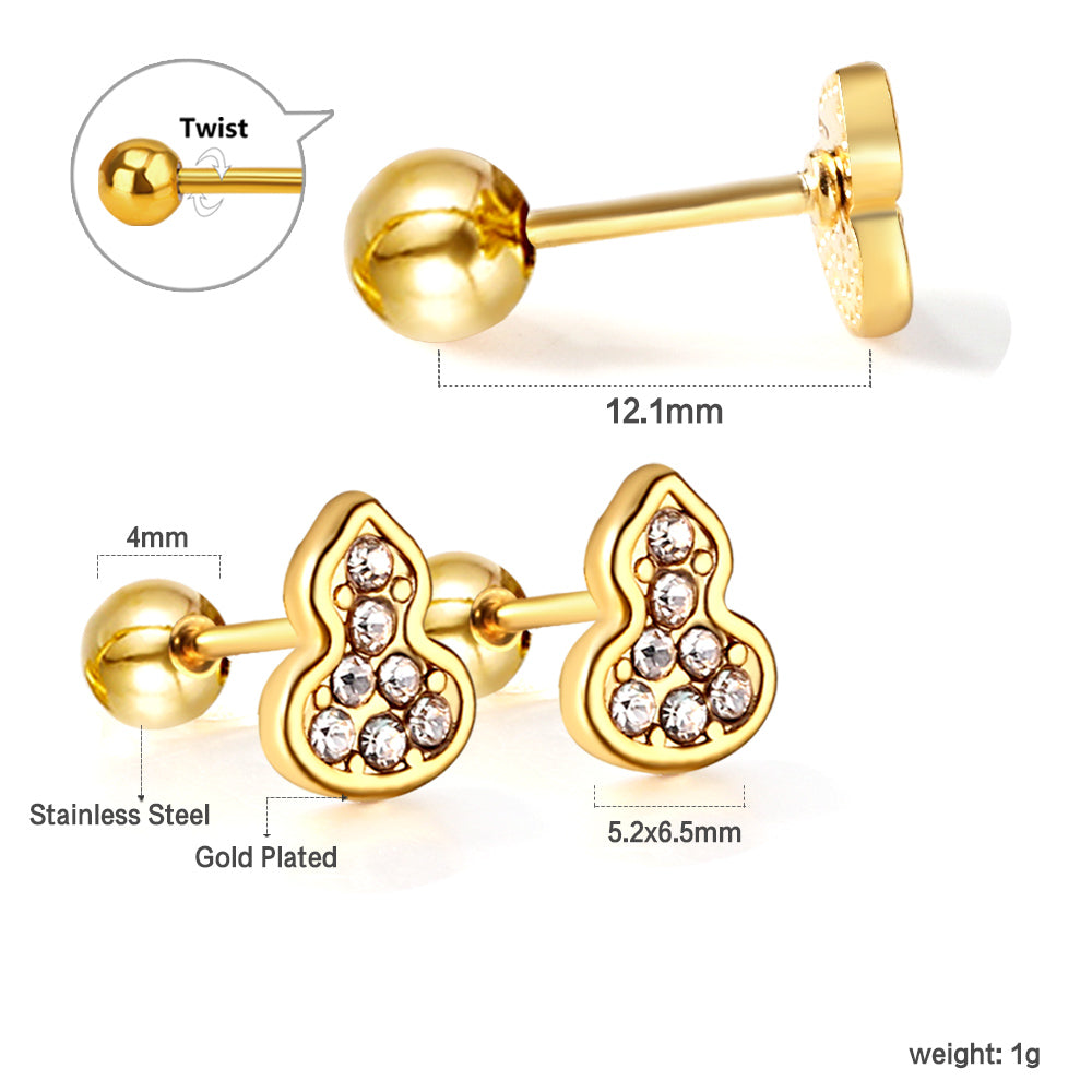 Gold coloured steel ball screw-in gourd with white diamonds stud earrings asonjewelry