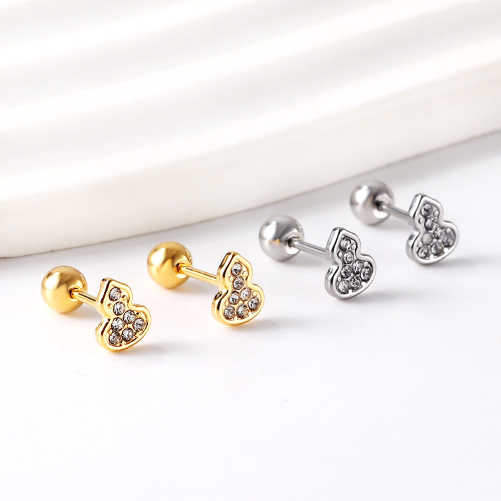 Gold coloured steel ball screw-in gourd with white diamonds stud earrings asonjewelry
