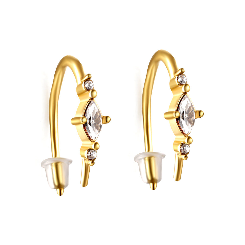 Gold coloured U-shaped stud earrings with white diamonds
