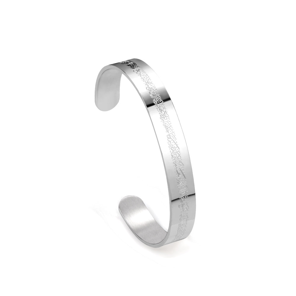 Extra wide hard open bangle in steel color with engraved surface asonjewelry