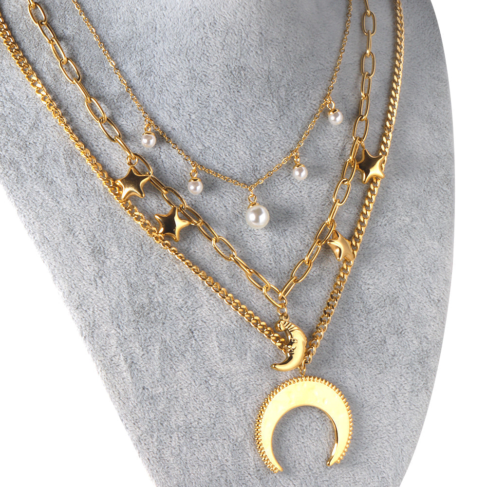 Moon+Star+Pearl Pendant Triple Chain 50+45+37+5cm Golden asonjewelry