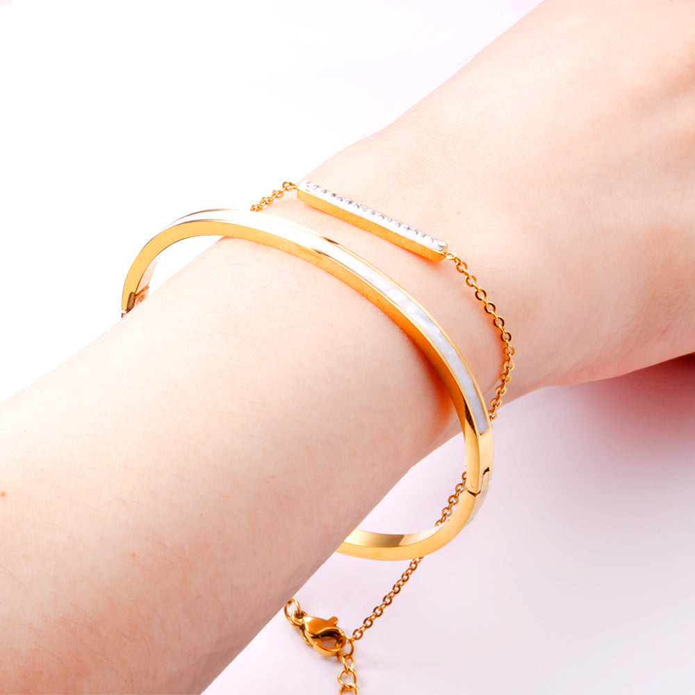Gold Hard Bracelet & Rectangle with White Shells Accessories with Rhinestones Bracelet 19+3cm GOLDEN asonjewelry