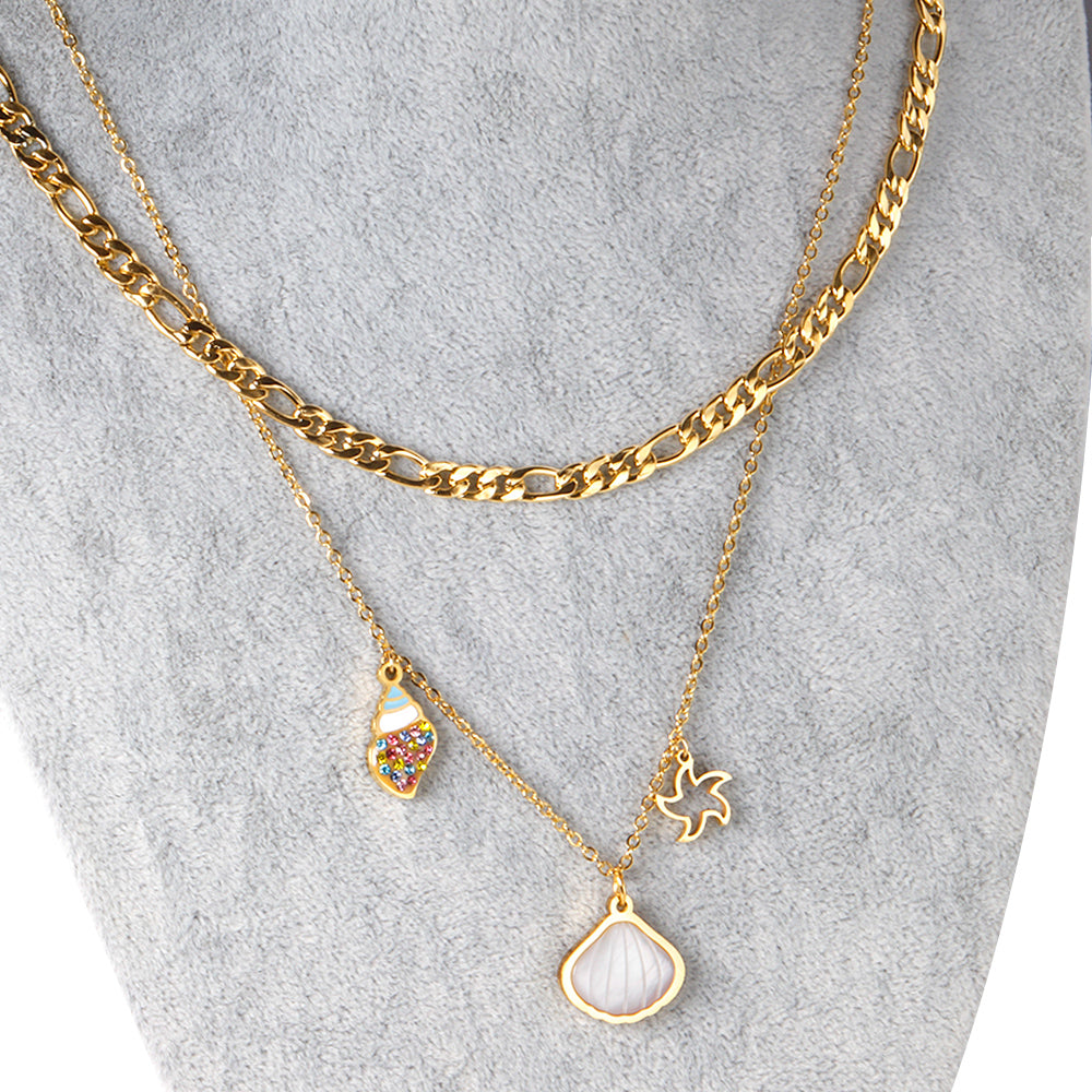 Shell + Conch + Star Pendant + Matching Chain Double Chain 45+40+5cm Golden asonjewelry
