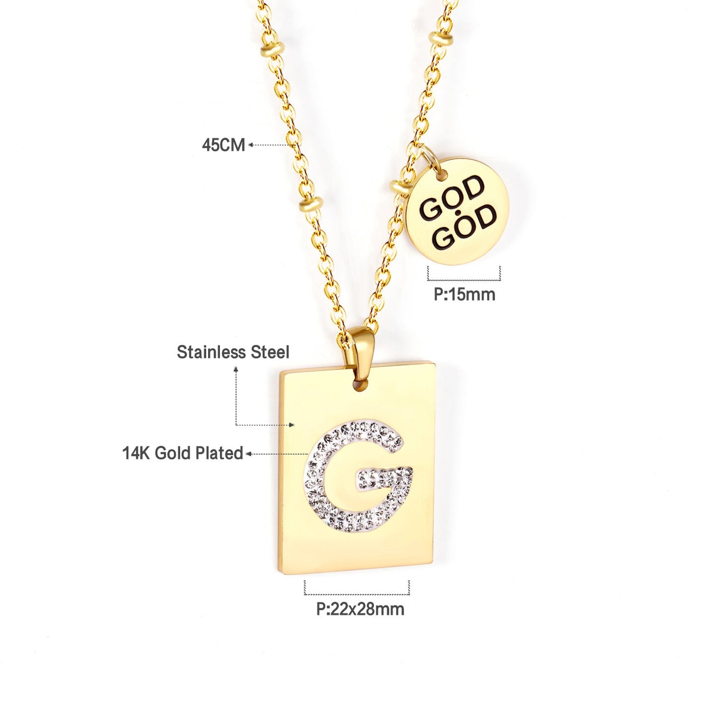Golden Square Medal Pendant Necklace with White Clay 14K asonjewelry