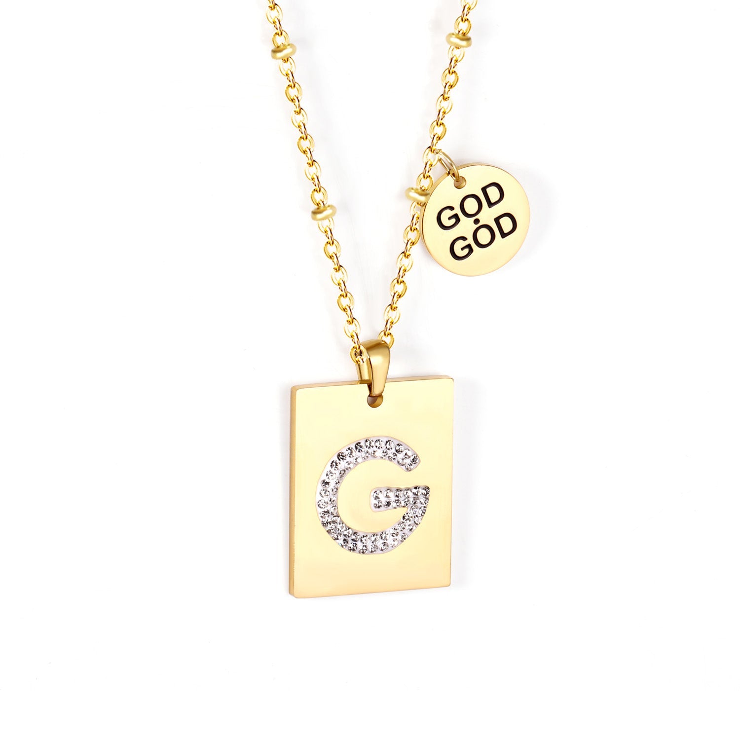 Golden Square Medal Pendant Necklace with White Clay 14K asonjewelry
