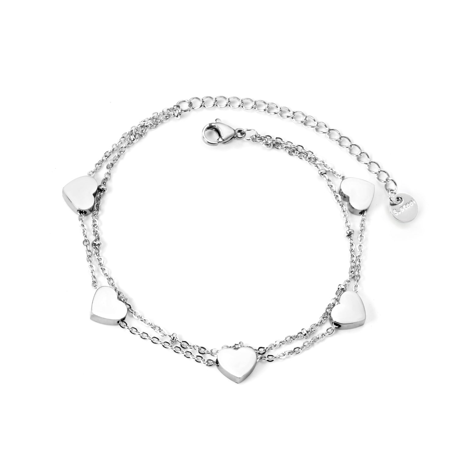 8.5*7.6mm heart accessories 18+18+5.5cm end chain+6mm round tag double chain double chain bracelet steel color asonjewelry