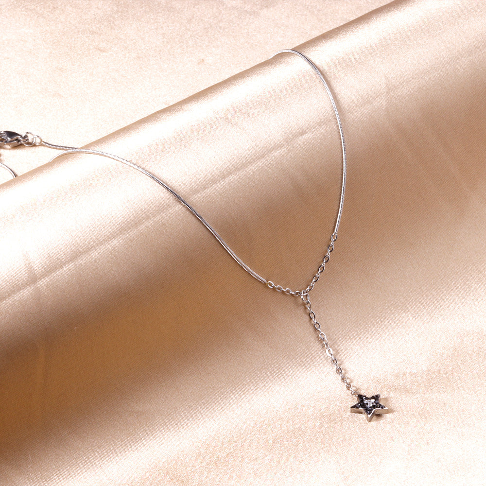 Star Pendant Necklace with Black Diamonds + White Diamonds 40+5cm Steel Color asonjewelry