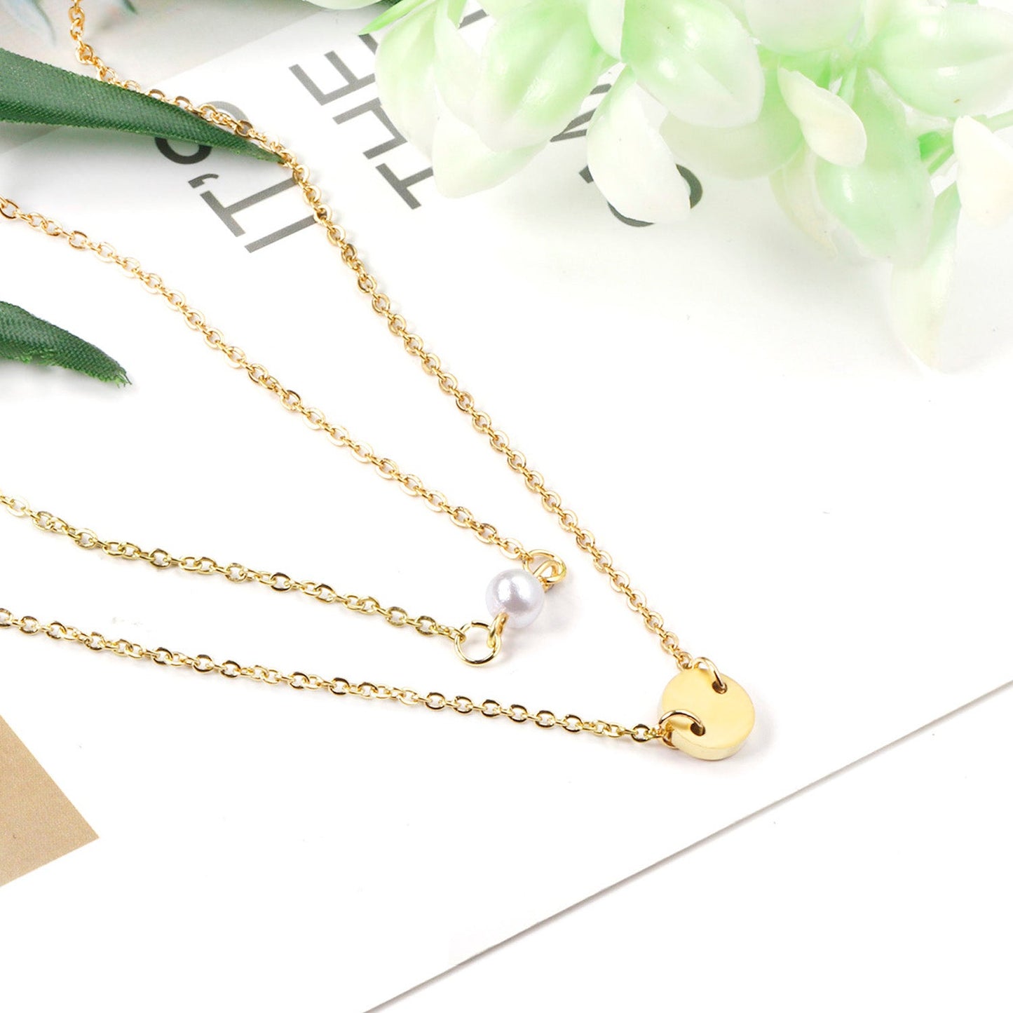 Double Necklace Round 10mm+6mm White Plastic Round Pearls Gold Color asonjewelry