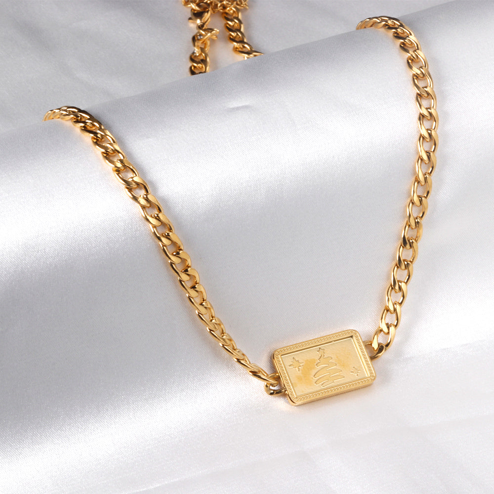 Square Christmas Tree Pendant Necklace 45+5cm Gold Color asonjewelry
