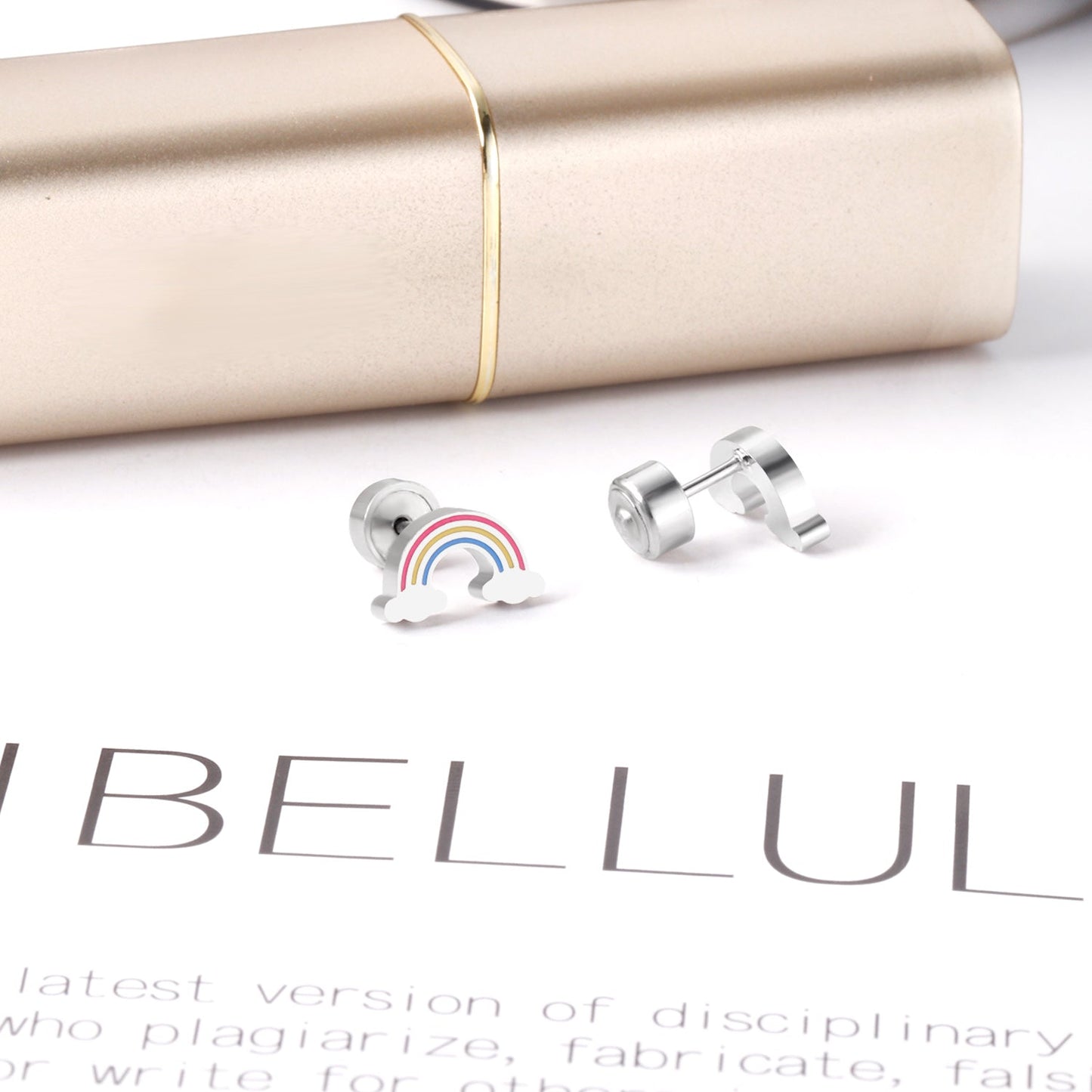 12 pairs Pop earplug rainbow stud earrings steel color/golden color asonjewelry