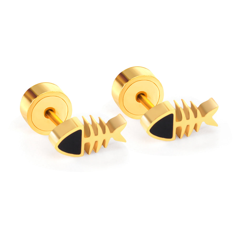 12 pairs Snapped Earplug Fishbone Stud Earrings Steel/Gold asonjewelry