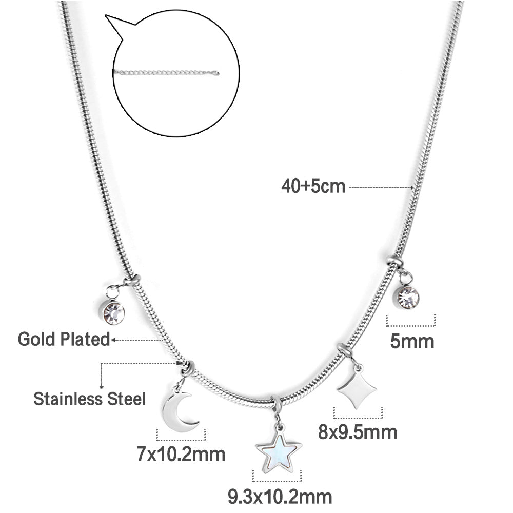 2 round diamonds + 1 moon + 1 star + 1 diamond accessories pendant necklace 40+5cm asonjewelry