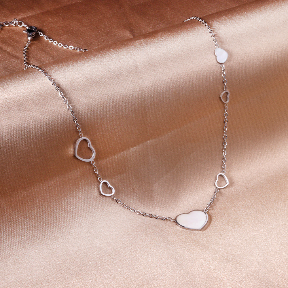 4 small and large hearts + 2 small and large hearts with shell pendant necklace 45+5cm steel color asonjewelry