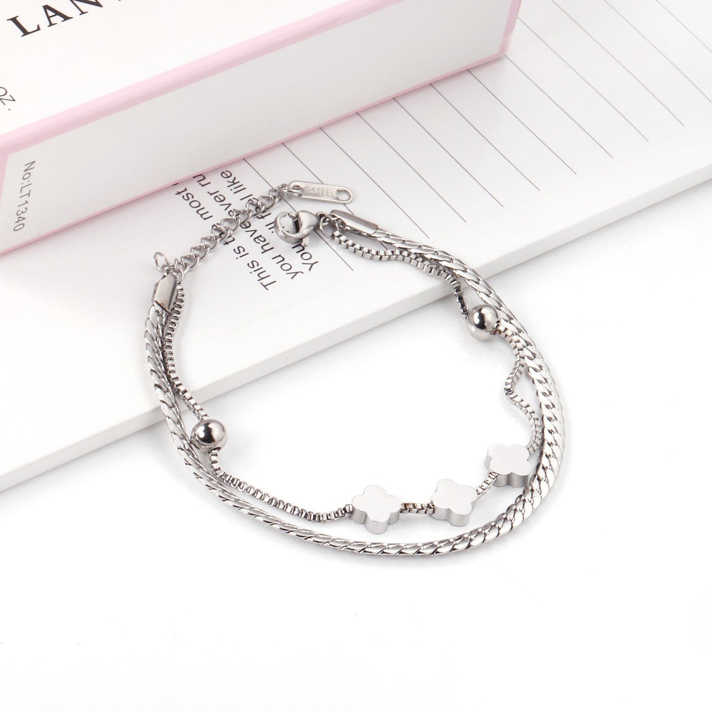 6mm steel beads + 8mm clover with steel beads bracelet 18+3cm asonjewelry