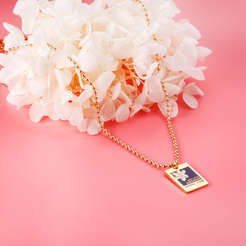 Beaded Chain + Rectangular Black and White Accessories Pendant Necklace 45+5cm Golden asonjewelry