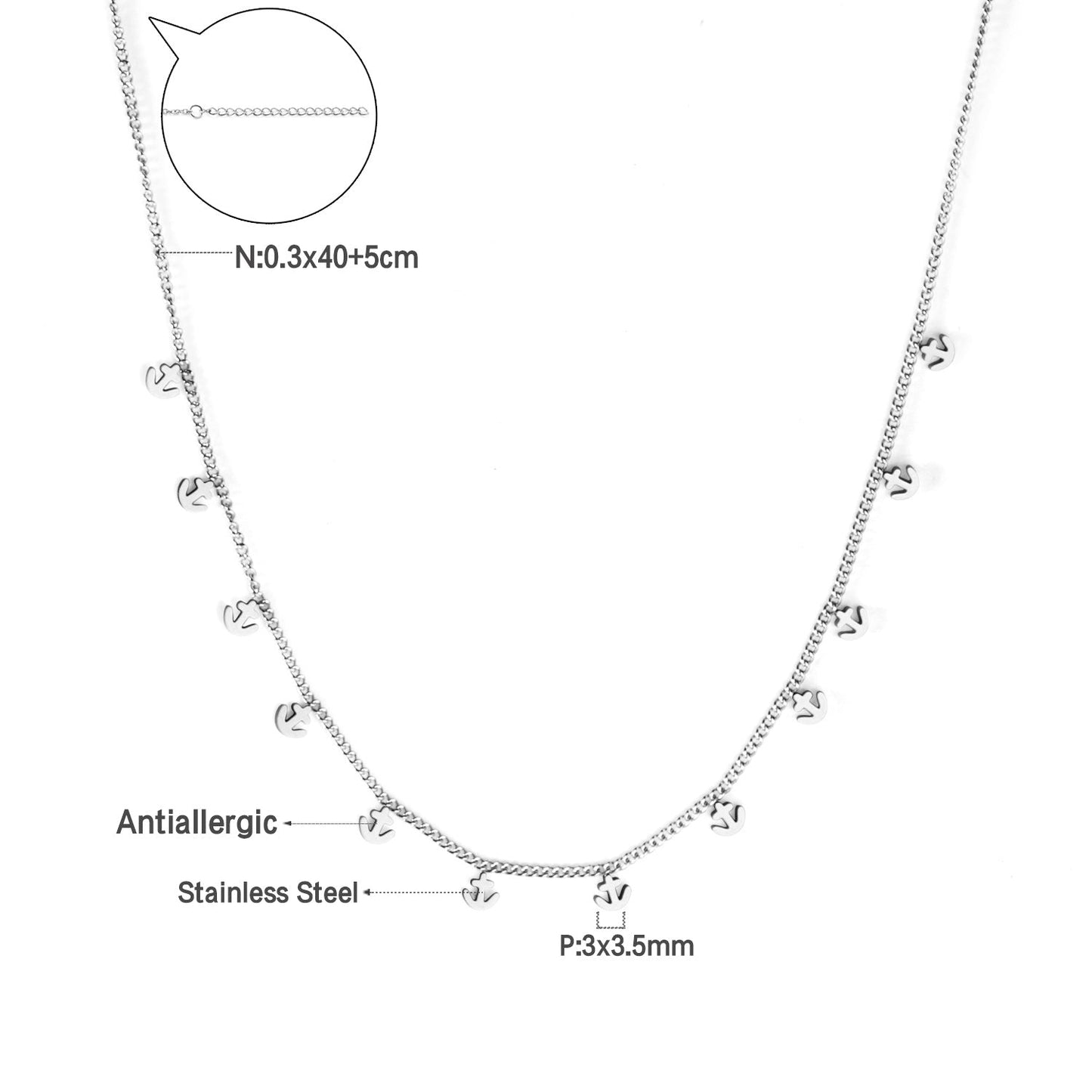 0.3 Side chain 40+5cm soldered 12pcs 3*3.5mm anchor necklace in glossy color asonjewelry