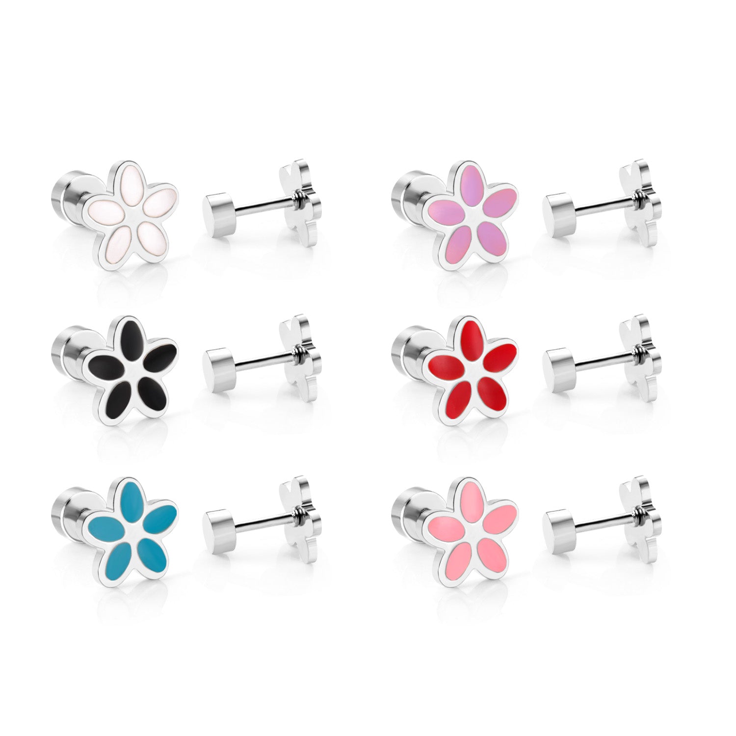 12 pairs 4mm round cake + 8mm cherry blossom mixed 6 colors studs steel / gold asonjewelry