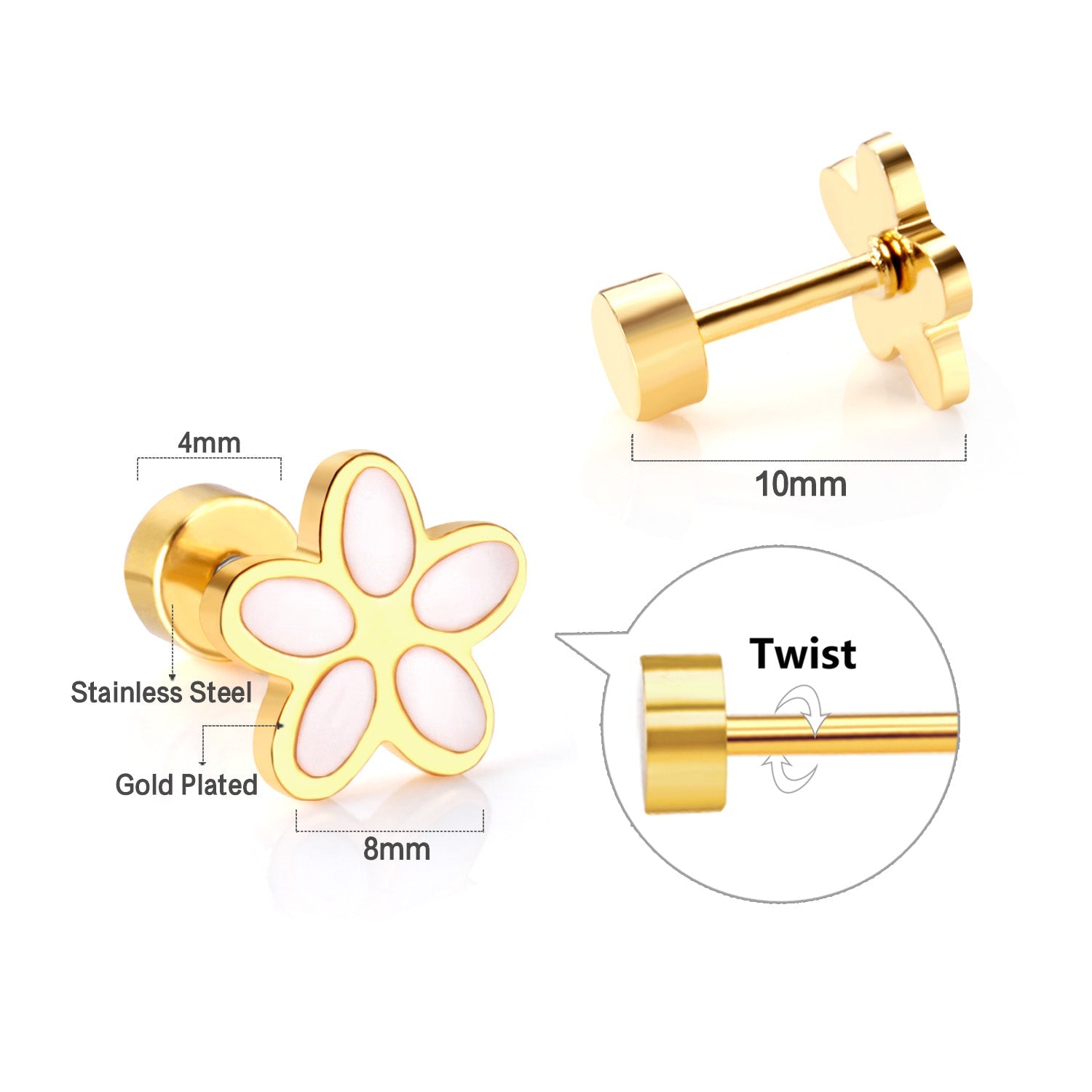 12 pairs 4mm round cake + 8mm cherry blossom mixed 6 colors studs steel / gold asonjewelry