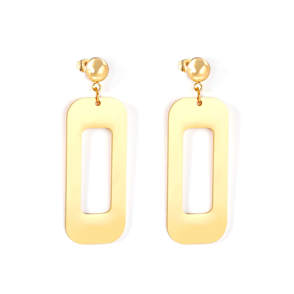 Half Bead Glossy & Brushed Long Cutout Earrings Goldtone