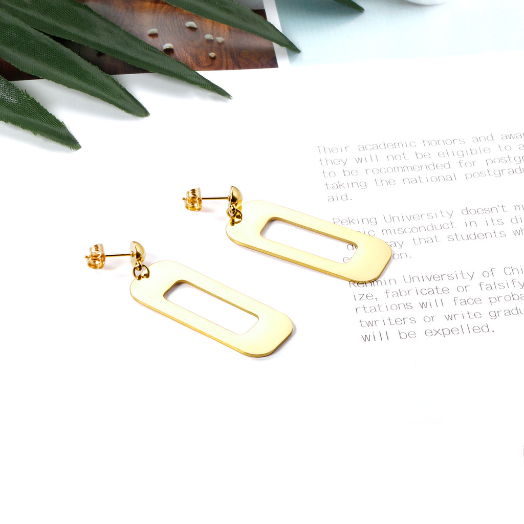 Half Bead Glossy & Brushed Long Cutout Earrings Goldtone