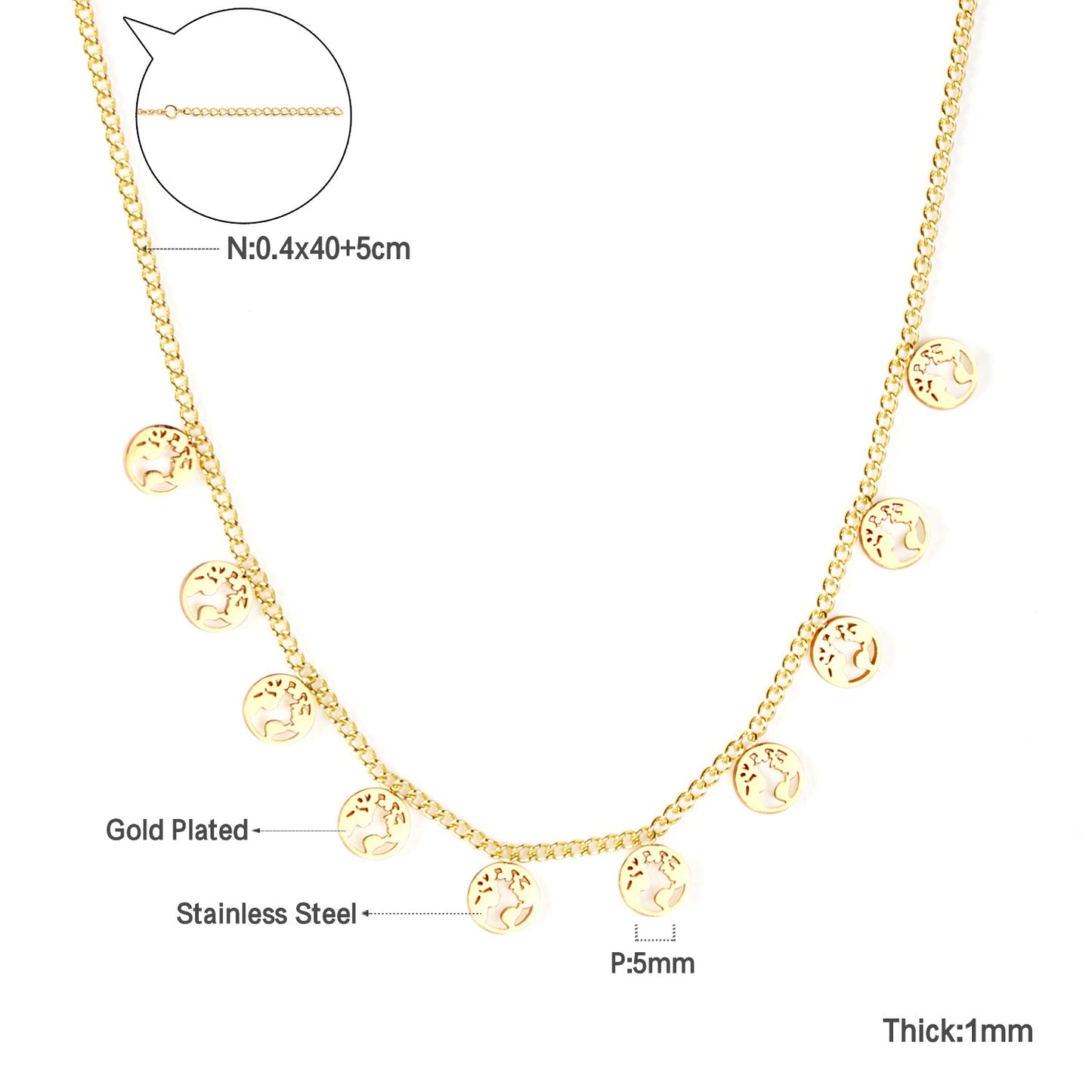 0.4 Side chain 40+5cm Necklace with 10 5mm round trees in polished finish asonjewelry