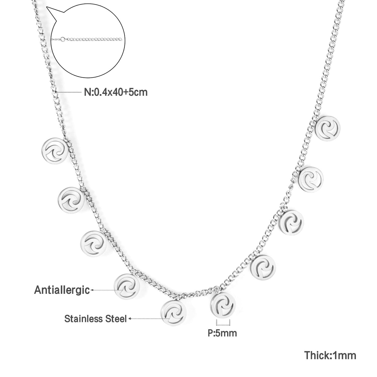 0.4 Side Chain 40+5cm Necklace with 10 5mm rounds in polished finish asonjewelry