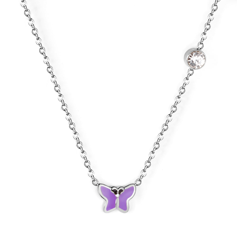 Red & Pink & Blue & Purple Butterfly Pendant with Diamond Necklace 45+5cm Steel Color asonjewelry