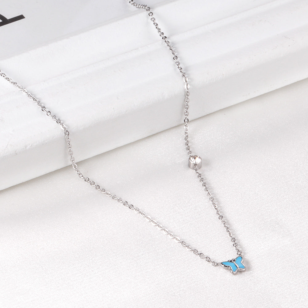 Red & Pink & Blue & Purple Butterfly Pendant with Diamond Necklace 45+5cm Steel Color asonjewelry