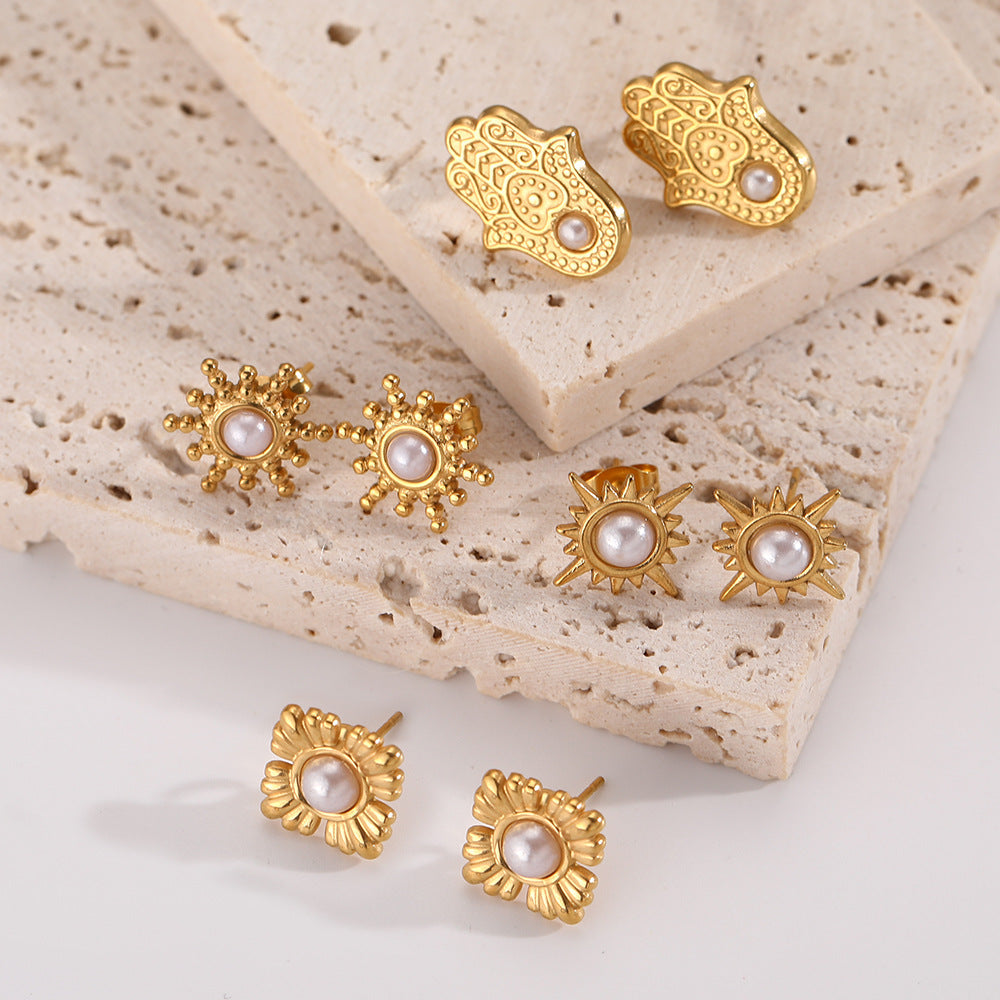 New retro popular gold pearl sun inlaid raised pearl stainless steel earrings asonjewelry