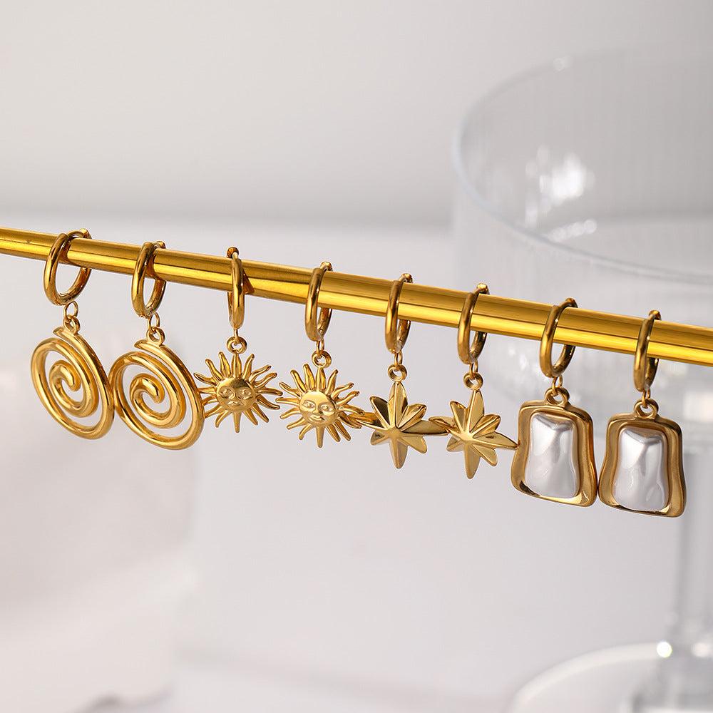 French Vintage Stainless Steel Premium 18k Gold Geometric Sun Drop Earrings asonjewelry