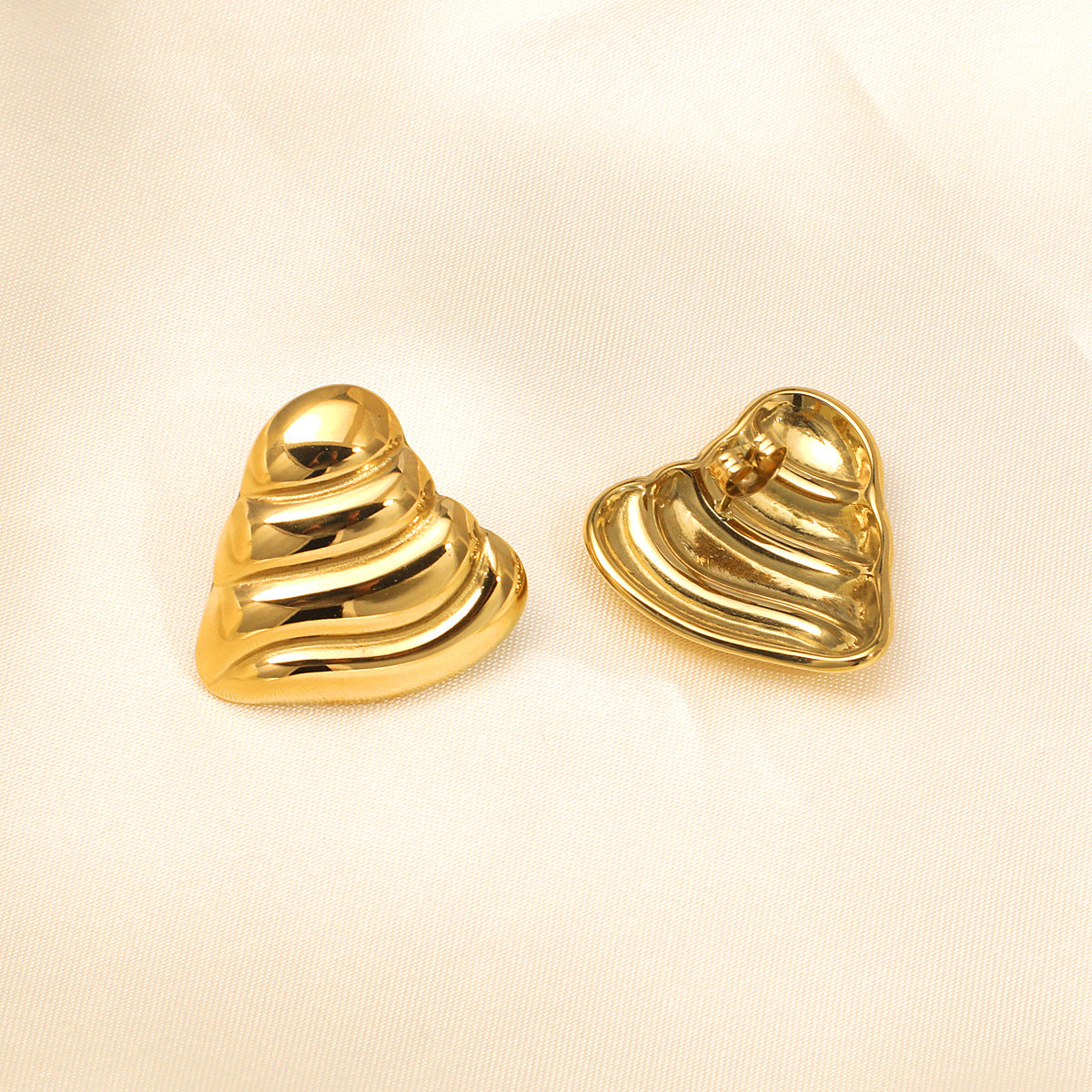 Stainless Steel 18k Gold Plated Heavy Textured Heart Stud Earrings asonjewelry