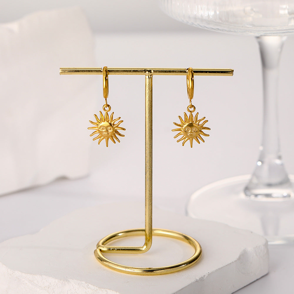 French Vintage Stainless Steel Premium 18k Gold Geometric Sun Drop Earrings asonjewelry