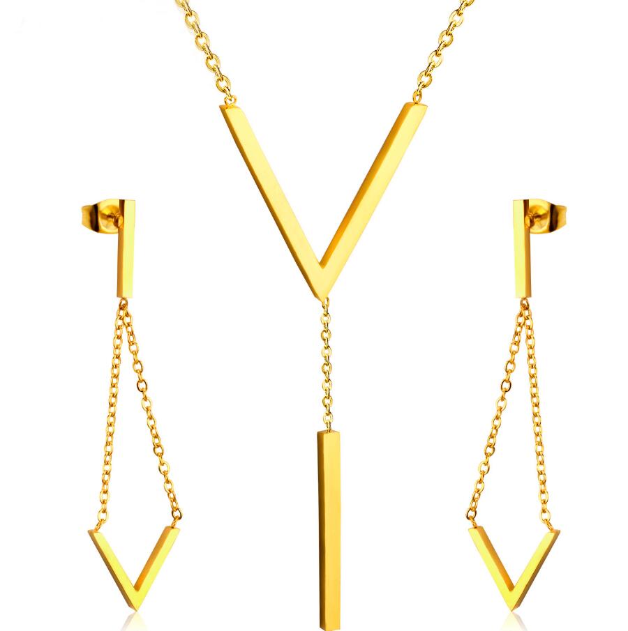 Steel/Gold/Rose Gold Glossy V-Shape Jewelry Set asonjewelry