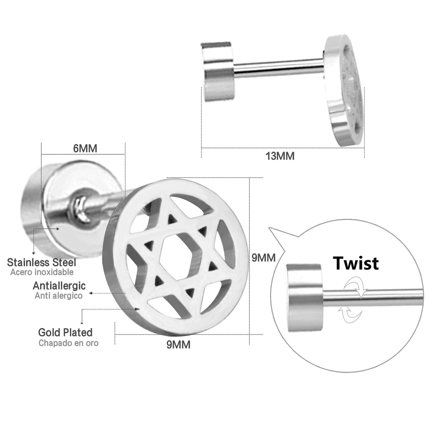 12 pairs steel/gold/black screw-in stud earrings without diamonds asonjewelry