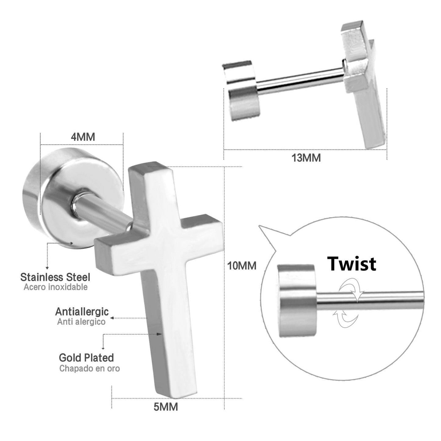 12 pairs steel/golden Cross Screwback Earrings w/o drill asonjewelry