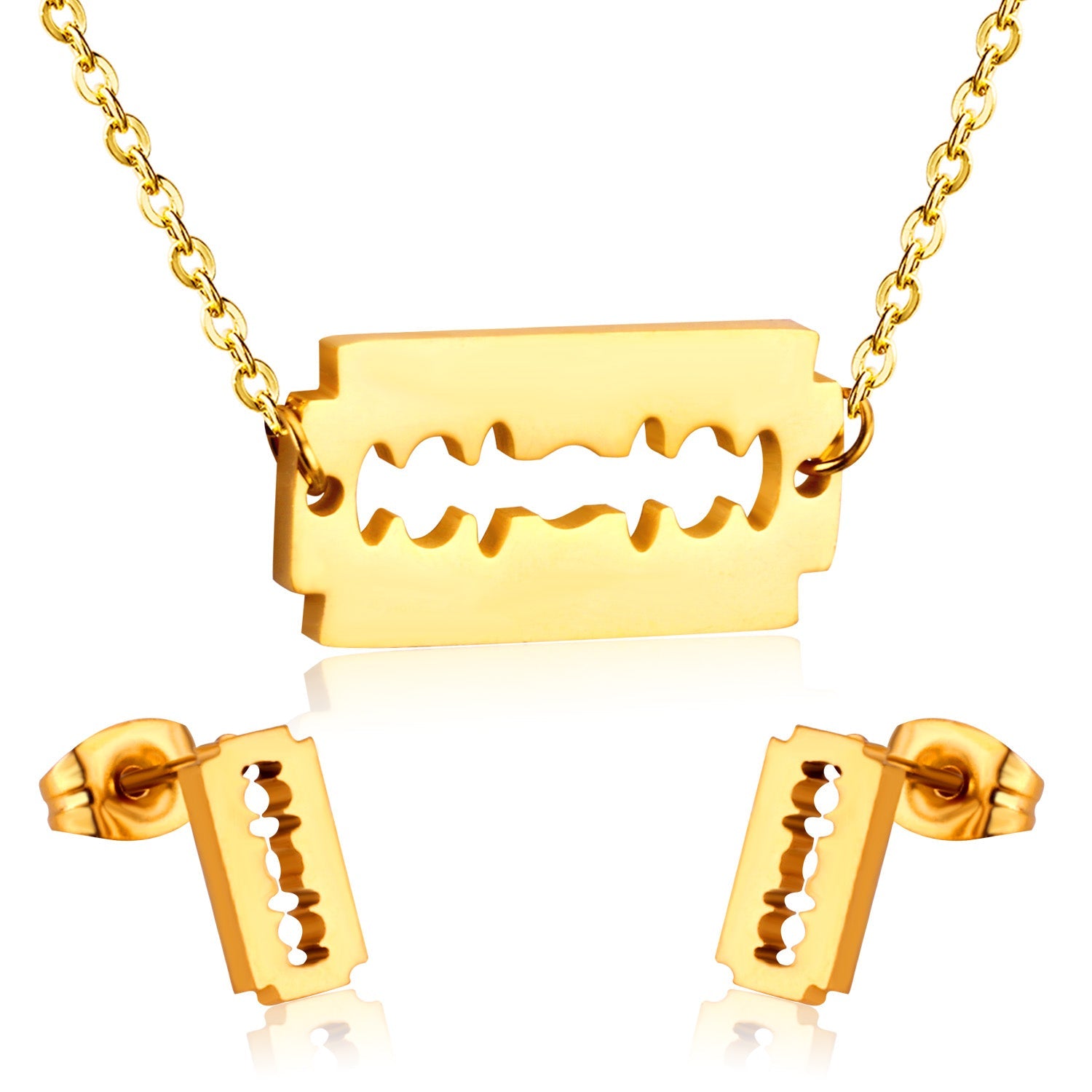 Steel/Gold Smooth Cut Center Irregular Wisps Jewelry Set without Diamonds asonjewelry