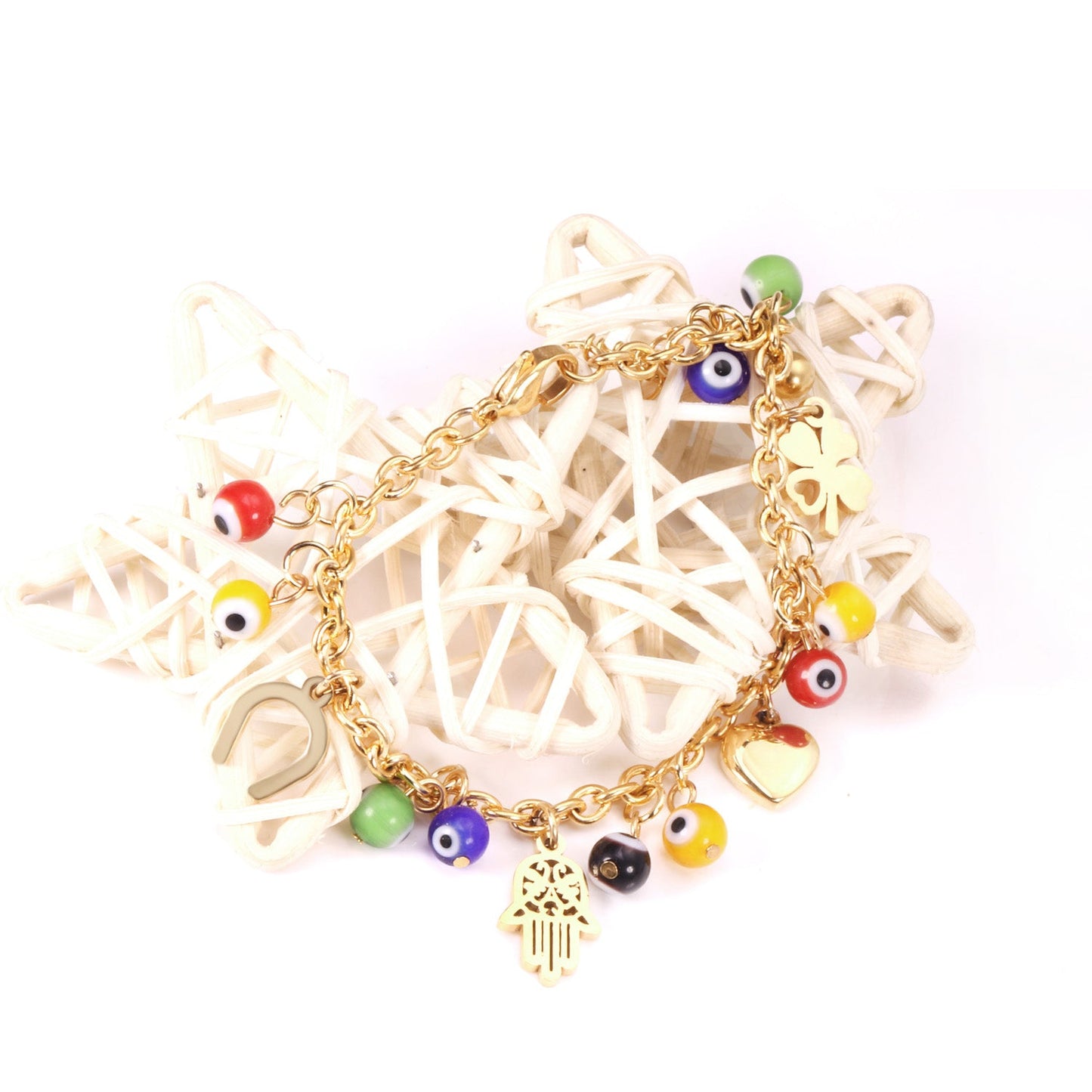 Goldtone Accessory Bracelet with Cat's Eye Palm U-Shaped Heart asonjewelry