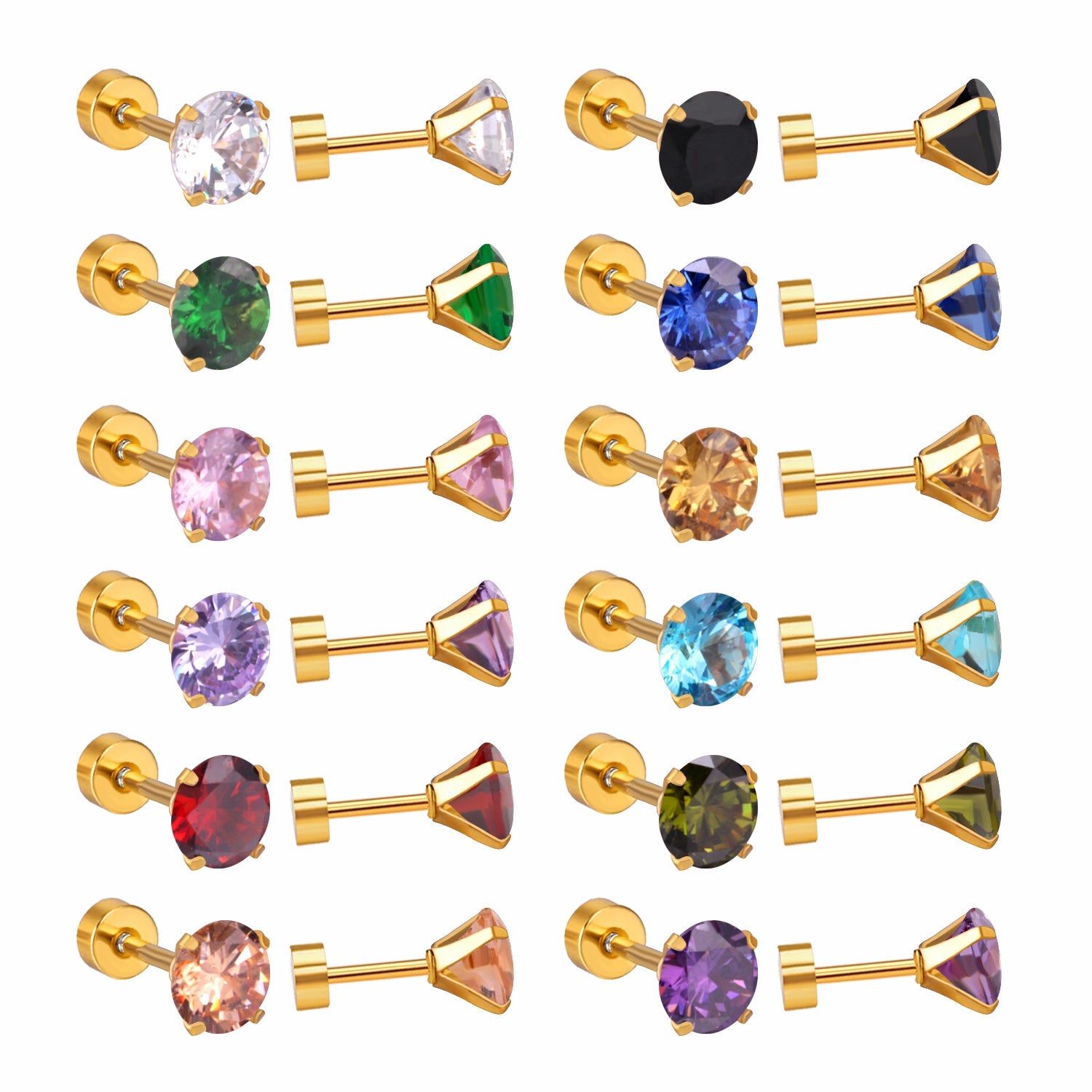 12 pairs 3mm/5mm/6mm gold/steel four-grip round mixing screw plugs asonjewelry