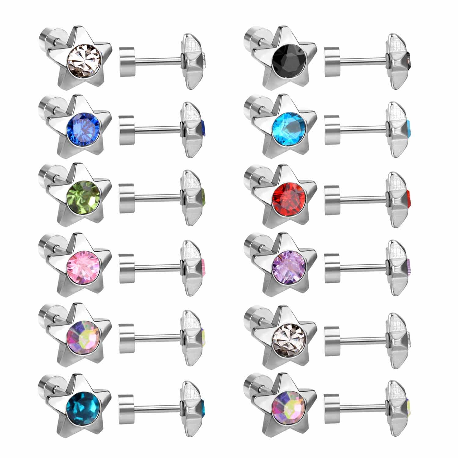 12 pairs 7mm steel/golden pentagram mixed drill/white diamond screw plugs asonjewelry