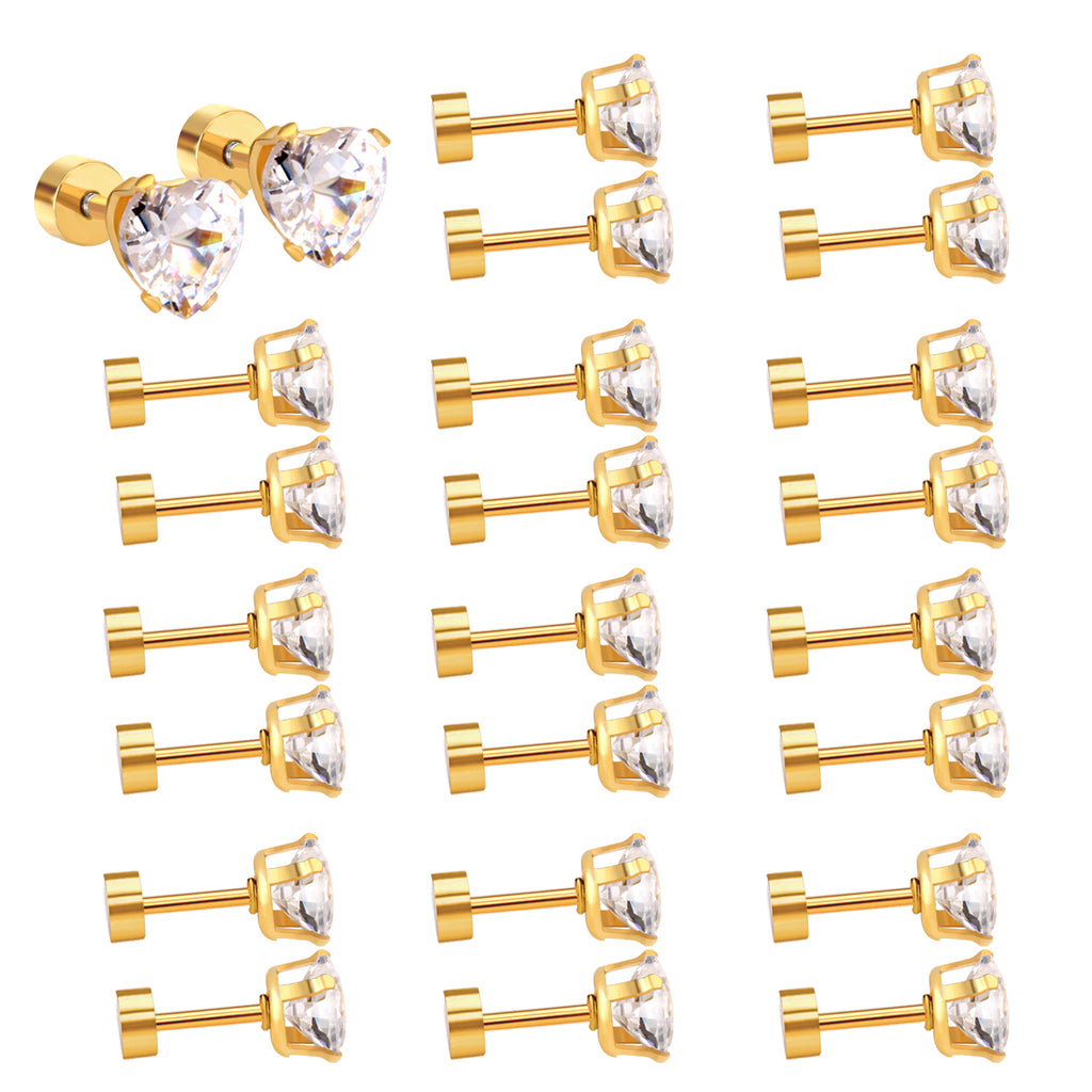 12 pair 6mm Steel/Gold Heart White/Black/Blue CZ Screw Plugs
