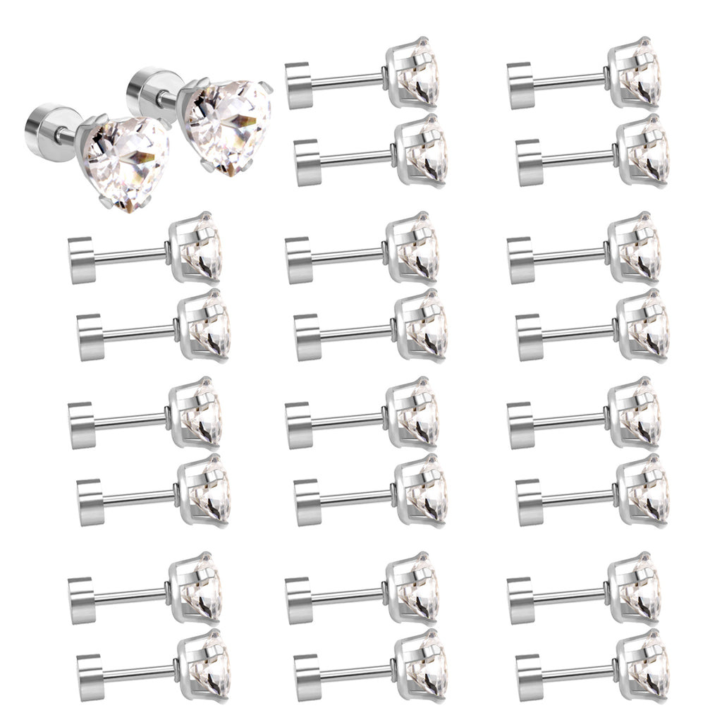 12 pair 6mm Steel/Gold Heart White/Black/Blue CZ Screw Plugs