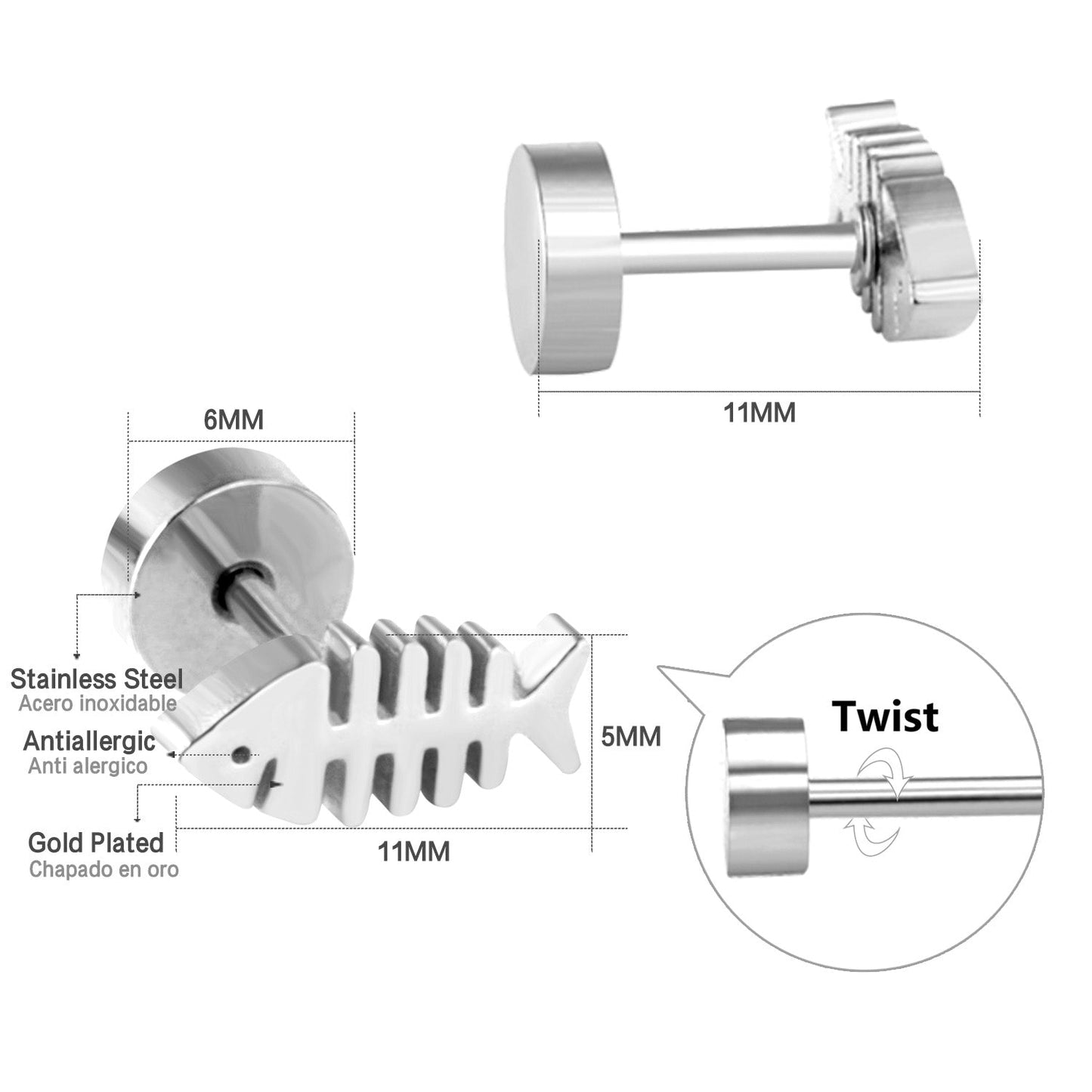 12 pairs steel/gold Cut Fishbone Screwback Earrings without diamonds asonjewelry