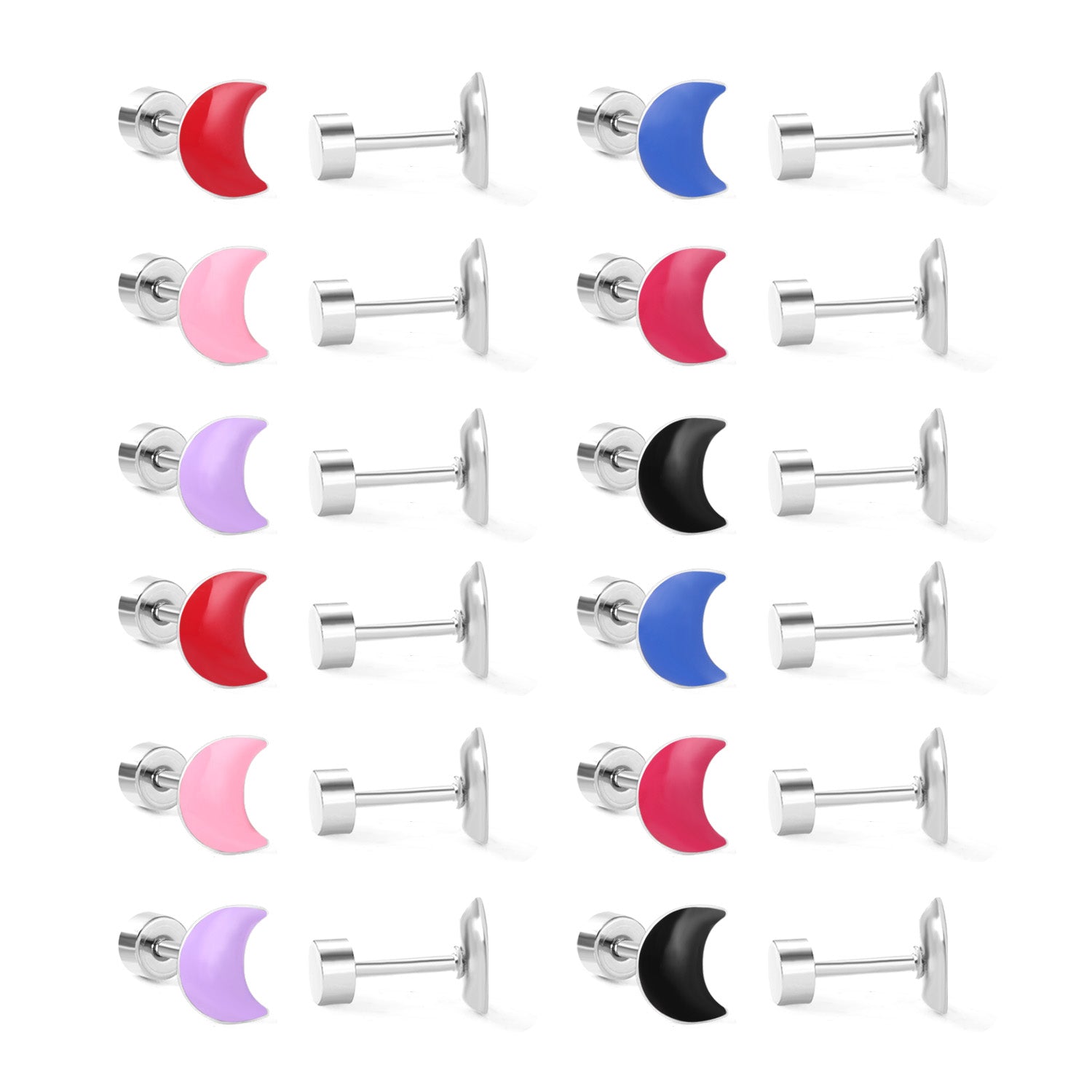 12 pairs Steel / Goldtone Moon Shaped Mixed Color Screwback Earrings asonjewelry