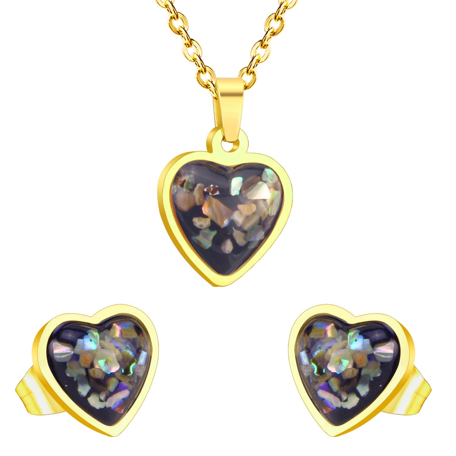 Steel/Gold Heart Shaped Fancy Stone/Black Fancy Stone Jewelry Set asonjewelry