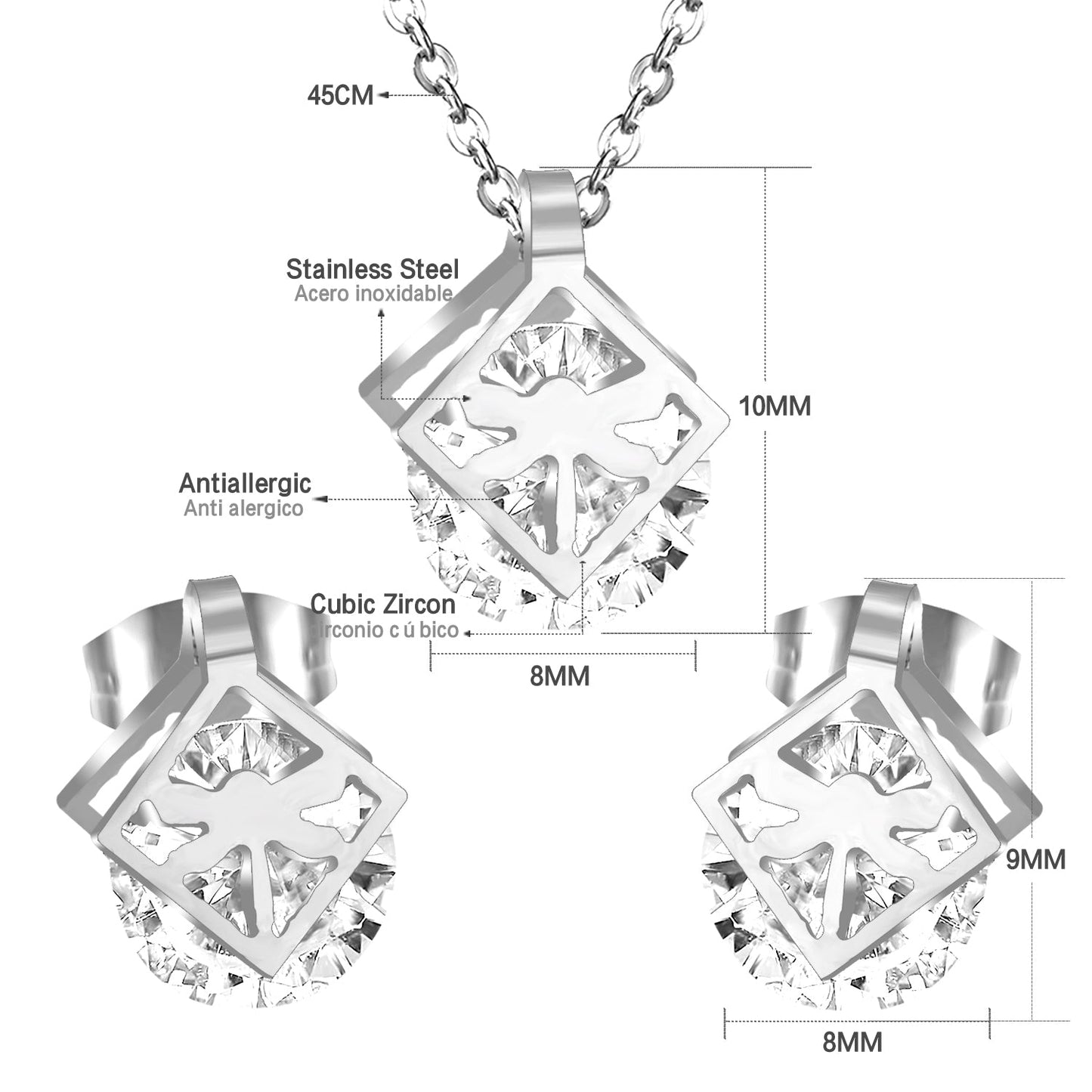 Gold/steel set with zirconia + two wispy dragonfly shapes wrapped in squares asonjewelry