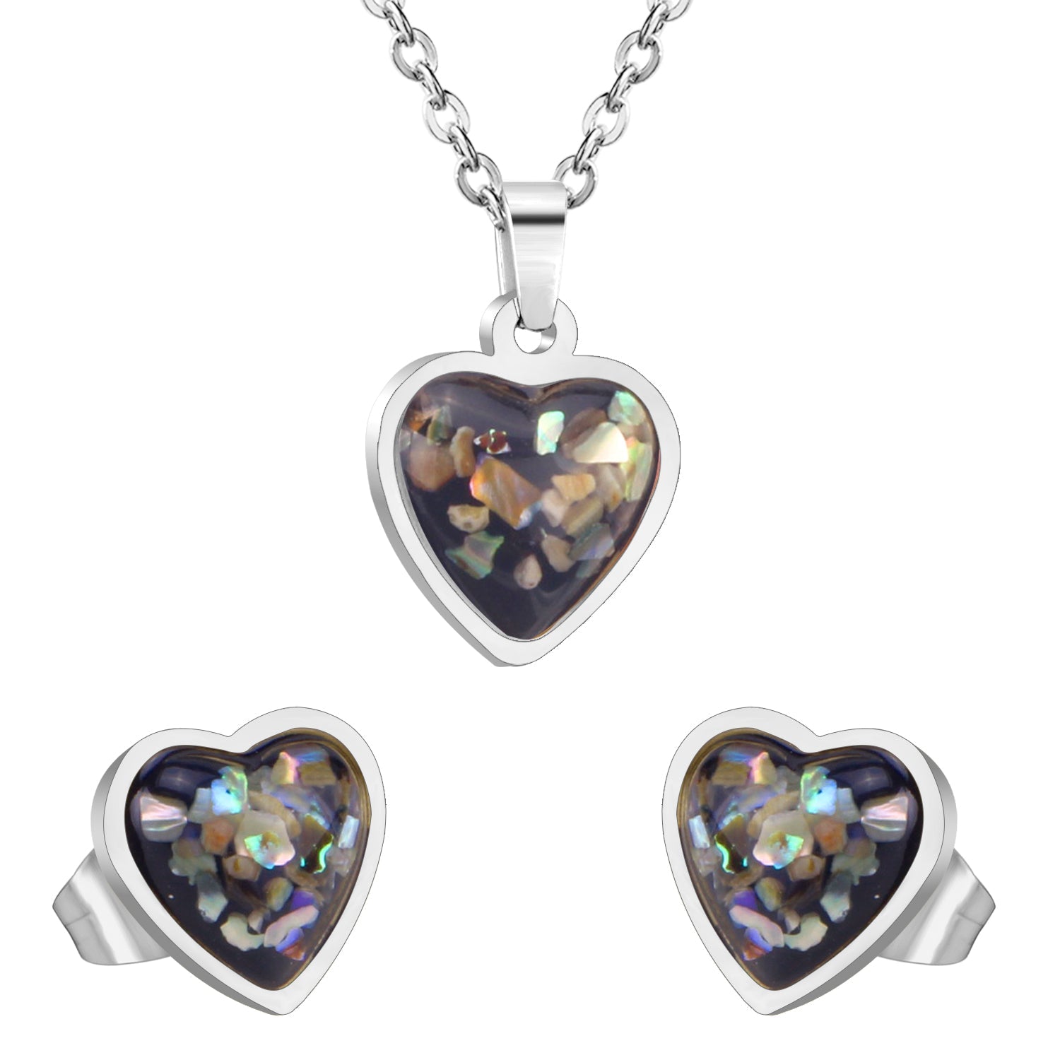 Steel/Gold Heart Shaped Fancy Stone/Black Fancy Stone Jewelry Set asonjewelry