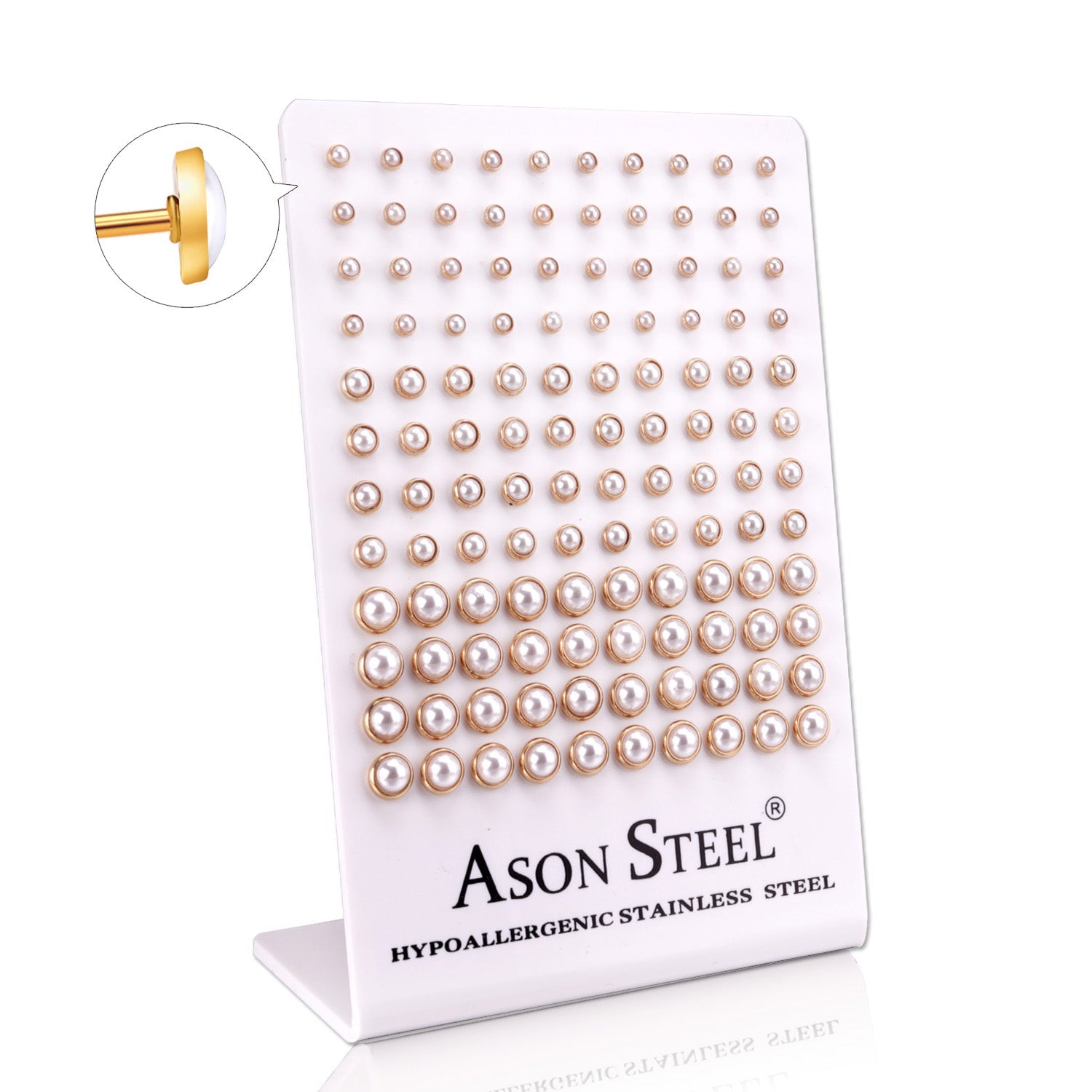 4-6-8mm Snapback Steel/Golden Half White Pearl Stud Earrings asonjewelry