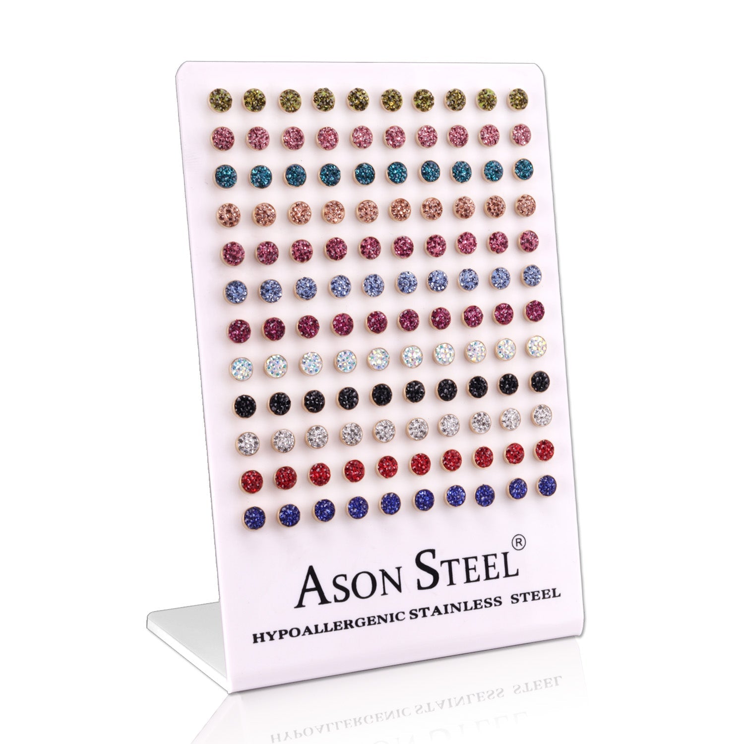 6mm steel/gold cylindrical white clay mix stud earrings on card holders asonjewelry