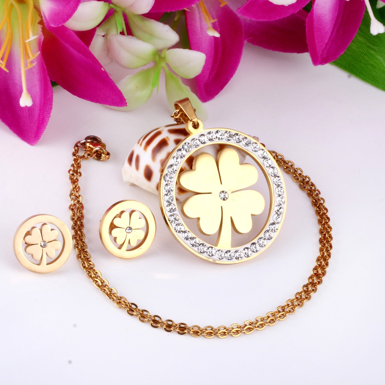 Steel/Golden Smooth Partial Surface Stick Diamond Wispy Small Flower Cut Jewelry Set asonjewelry